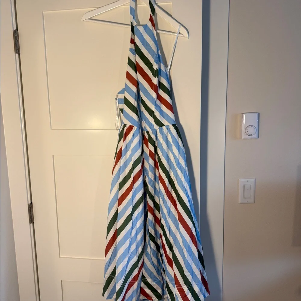 Maeve Halter Midi Dress in Light Blue, Olive & Rust Stripe - Picture 2 of 5